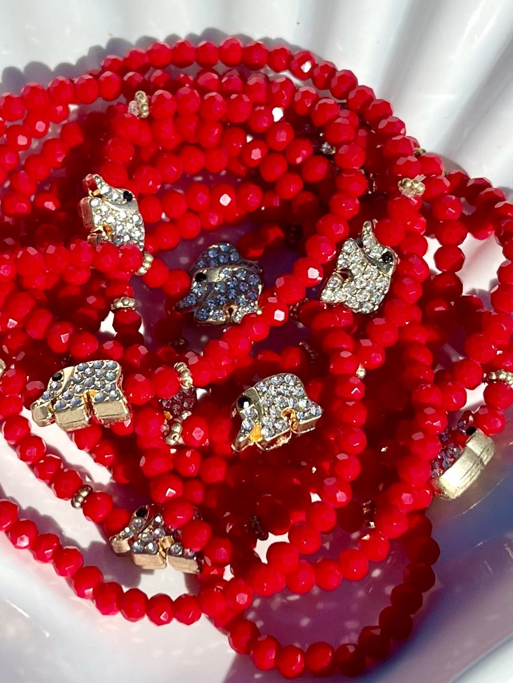 Red Glass Beaded Bracelet With Elephant Charm NWOT